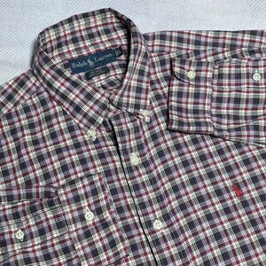 Ralph Lauren Red Plaid Button‎ Down Blake Cotton Shirt Men's Size Large